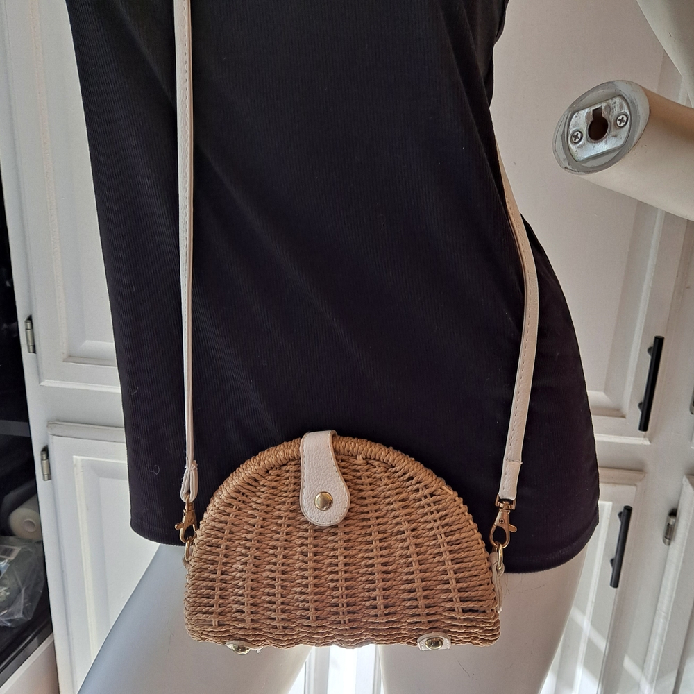 Natural Woven Rattan Wicker Crossbody Bag With White Trim